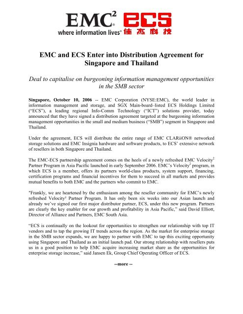 EMC and ECS Enter into Distribution Agreement for Singapore and ...