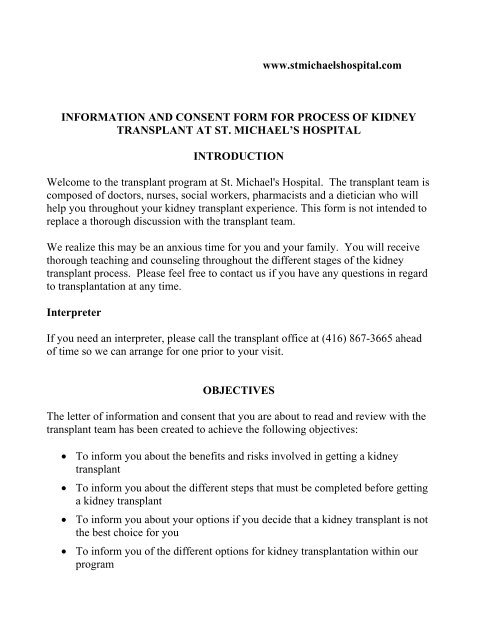 Transplant Info and Consent Form - St. Michael's Hospital Transplant Info and Consent Form - St. Michael's Hospital