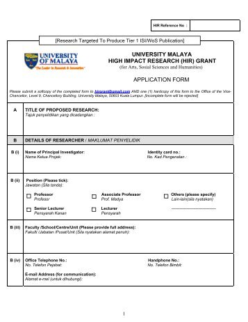 university malaya high impact research (hir) grant application form