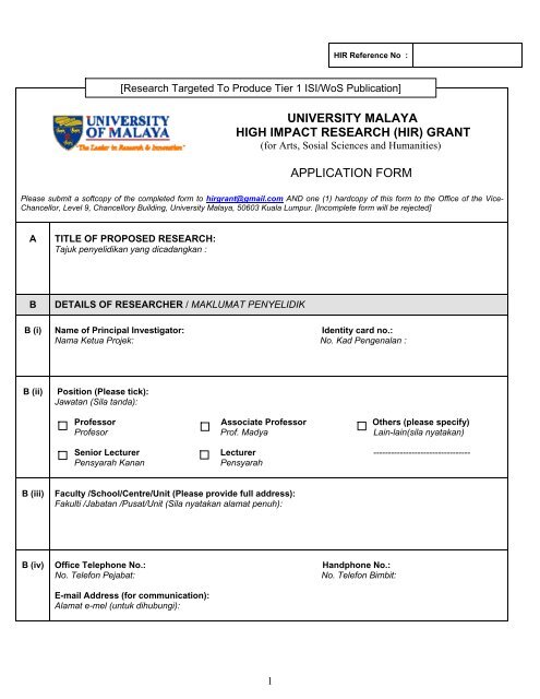 university malaya high impact research (hir) grant application form