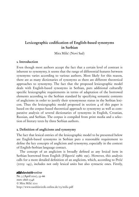 Lexicographic codification of English-based synonyms in Serbian