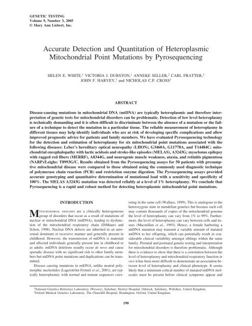 Accurate Detection and Quantitation of Heteroplasmic Mitochondrial ...