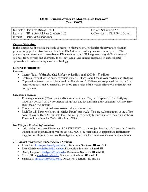 LS 3: Introduction to Molecular Biology Fall 2007 Instructor ... - UCLA