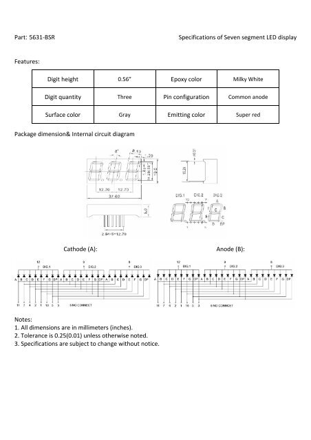 Part: 5631-BSR Specifications of Seven segment LED display ...