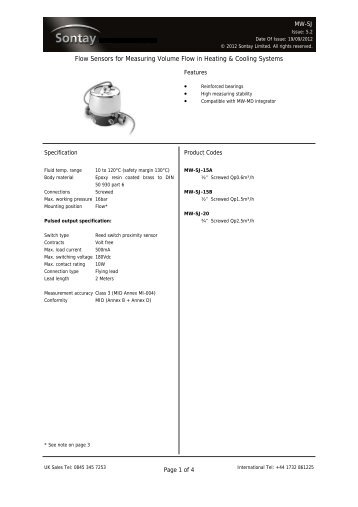 Flow Sensors for Measuring Volume Flow in Heating ... - Sontay