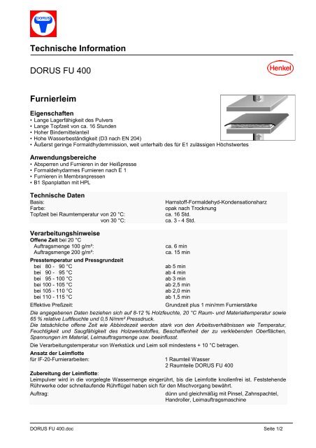 Technische Information DORUS FU 400 Furnierleim - Scheiber GmbH