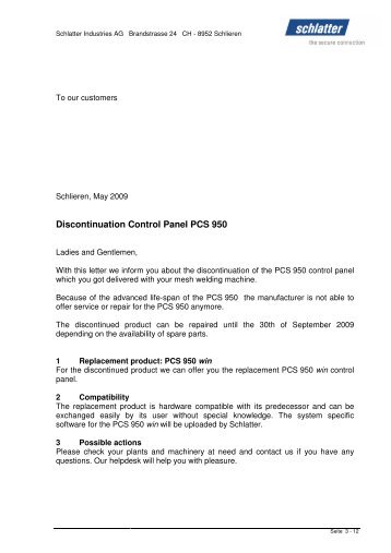 Discontinuation Control Panel PCS 950 - Schlatter
