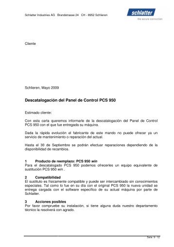 Descatalogación del Panel de Control PCS 950 - Schlatter