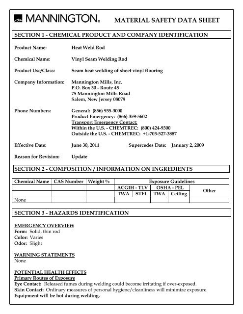 Heat Welding Rods MSDS - Mannington