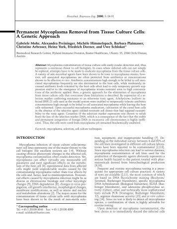 Permanent Mycoplasma Removal from Tissue Culture Cells: A ...