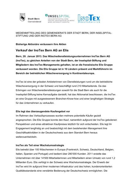 Verkauf der InoTex Bern AG an Elis - Wirtschaftsraum Bern