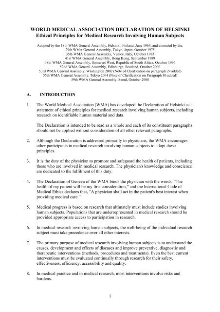 WORLD MEDICAL ASSOCIATION DECLARATION OF HELSINKI ...