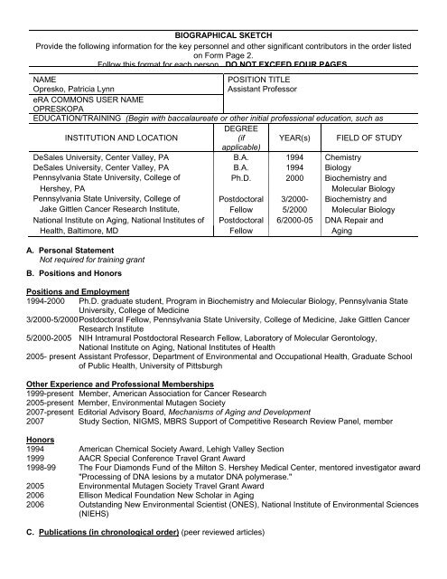 Example of Biographical Sketch outline for NSF