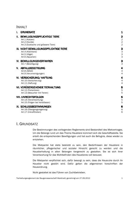 Merkblatt Tierhaltungsreglement - Baugenossenschaft Waidmatt