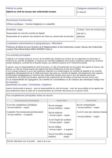 Fiche de poste adjoint chef bureau des collectivitÃ©s locales2012-1