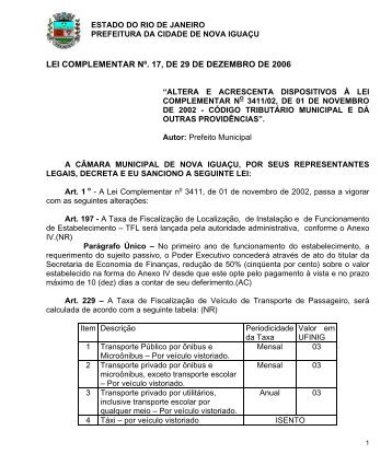 LEI COMPLEMENTAR NÂº. 17, DE 29 DE DEZEMBRO DE 2006