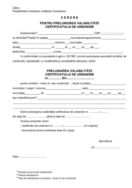 cerere pentru prelungirea valabilitÄÈii certificatului de urbanism ...