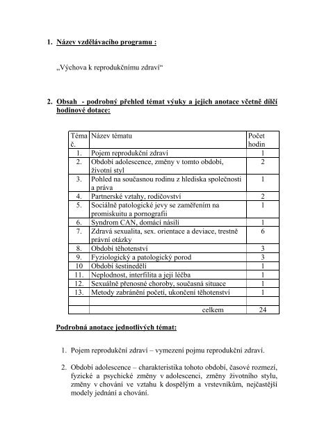 Výchova k reprodukčnímu zdraví - Střední Zdravotnická Škola Ruská