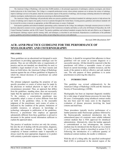 acr–asnr practice guideline for the performance of myelography and ...