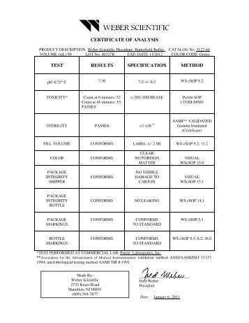 certificate of analysis test results specification ... - Weber Scientific