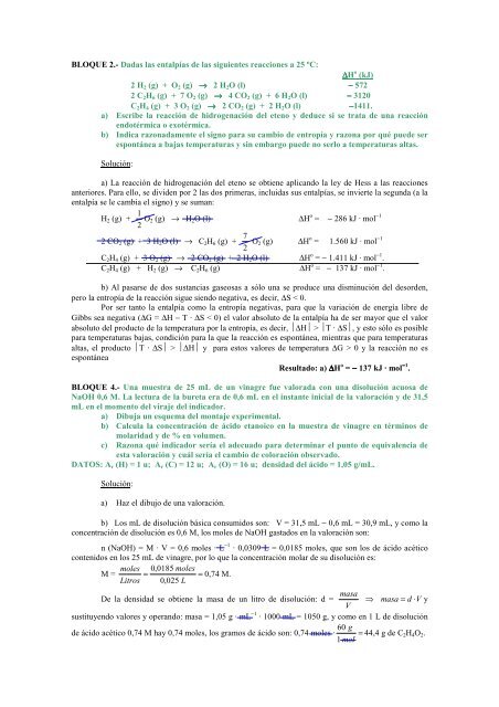 BLOQUE 2.- Dadas las entalpÃ­as de las siguientes ... - SpainData