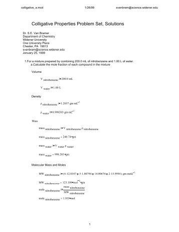 Colligative Properties Problem Set, Solutions - Widener University