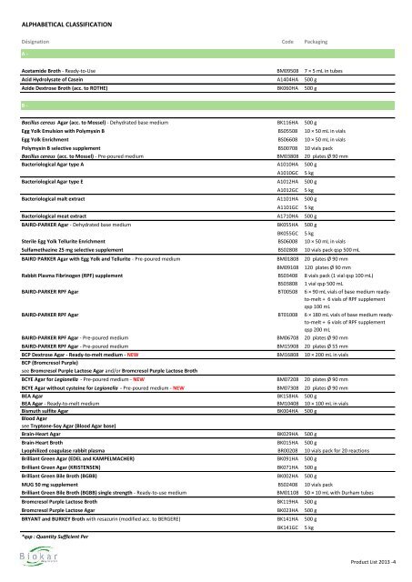 ABC BIOKAR Diagnostics Product List - NOACK