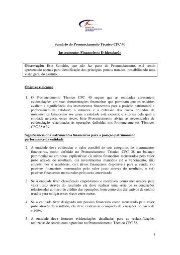 1 SumÃ¡rio do Pronunciamento TÃ©cnico CPC 40 Instrumentos ... - CVM