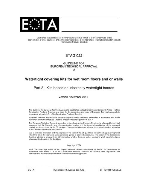 ETAG 022 Watertight covering kits for wet room floors and or walls ...