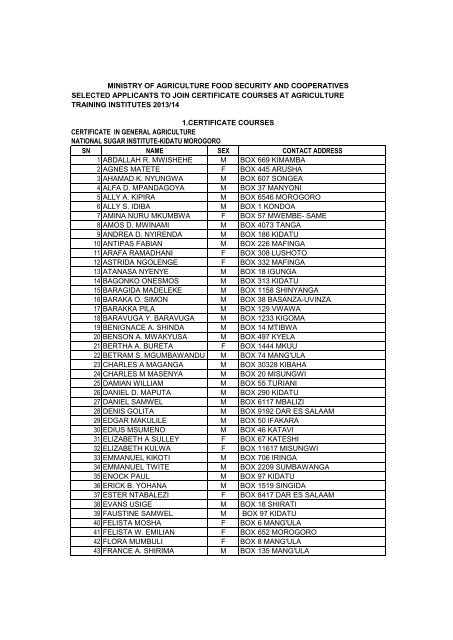 Candidates Selected 2013/14 - Ministry Of Agriculture, Food and ...