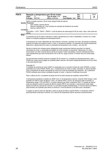 Lista de ParÃ¢metros EdiÃ§Ã£o 04/03 SINAMICS G110 - Industry