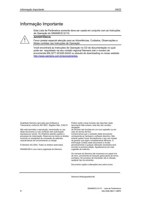 Lista de ParÃ¢metros EdiÃ§Ã£o 04/03 SINAMICS G110 - Industry