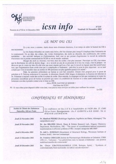 coe{rEKENcEs E r sÃÃ®vt rA(.q.rKEs - Historique de l'ICSN - CNRS