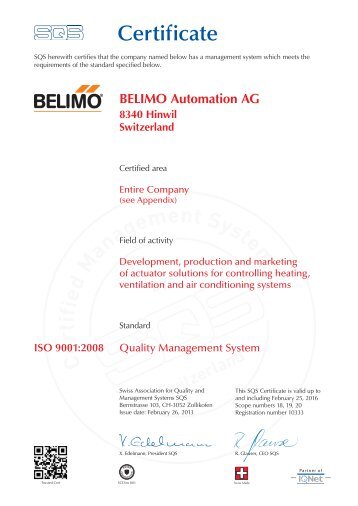 SQS Certificate ISO 9001:2008 - Belimo Actuators (Shanghai)