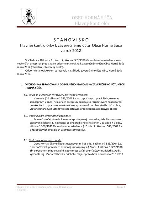 Stanovisko HK k zÃ¡vereÄnÃ©mu ÃºÄtu obce za rok 2012 ... - HornÃ¡ SÃºÄa