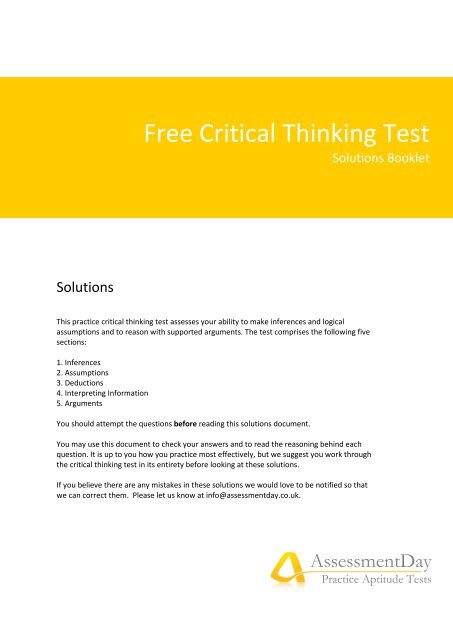 Critical Thinking Test Solutions PDF - Aptitude Test