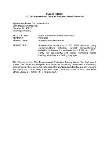 PUBLIC NOTICE 2/27/2012 Issuance of Draft Air Pollution Permit-To ...