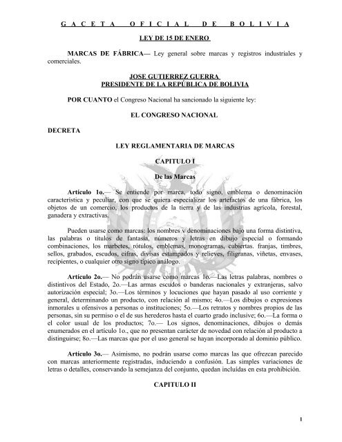 gacetaoficialdebolivi a ley de 15 de enero marcas de fÃ¡bric