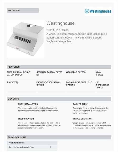 Westinghouse 60cm WRJ600UW Fixed Raneghood Technical Specs