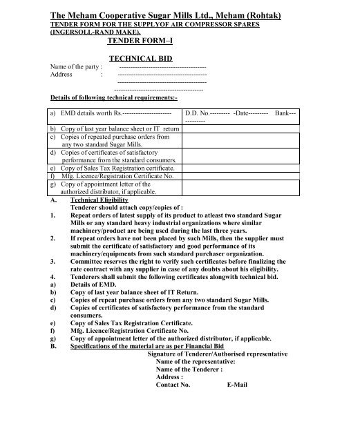 Tender form for the supply of air compressor spares