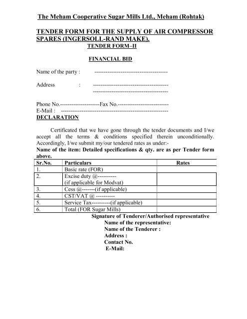 Tender form for the supply of air compressor spares