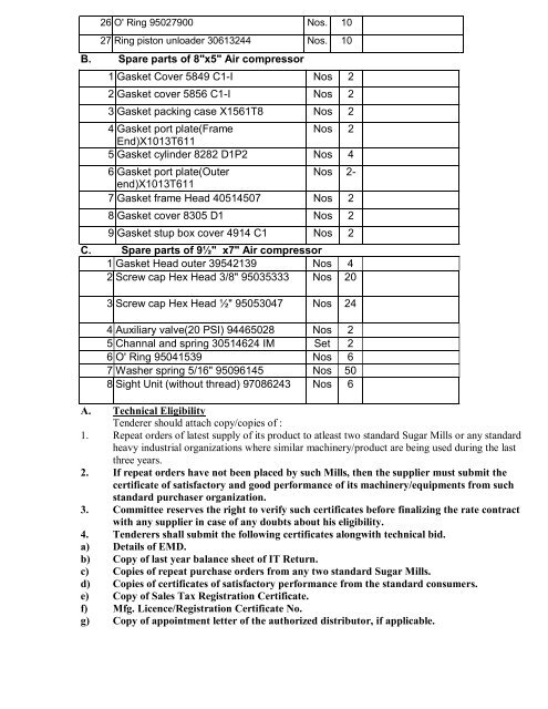 Tender form for the supply of air compressor spares