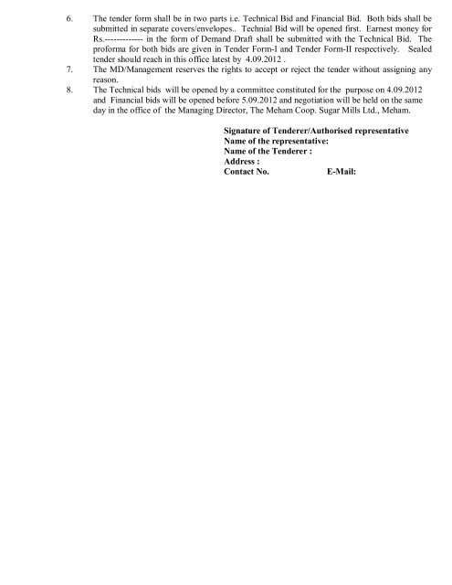 Tender form for the supply of air compressor spares