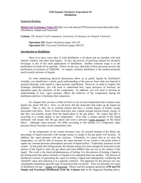 Fall Anic Chemistry Experiment 5 Distillation Suggested