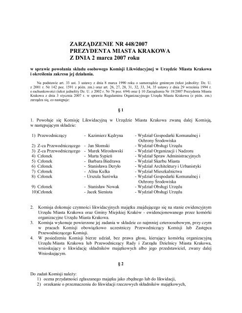 ZARZÄDZENIE NR 448/2007 PREZYDENTA MIASTA KRAKOWA Z ...