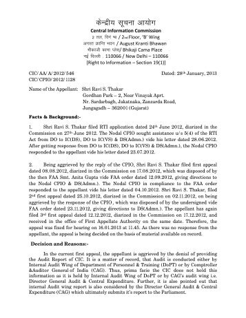 Decision No. CIC/AA/A/2012/546 dated 28/01/2013 on Appeal from ...