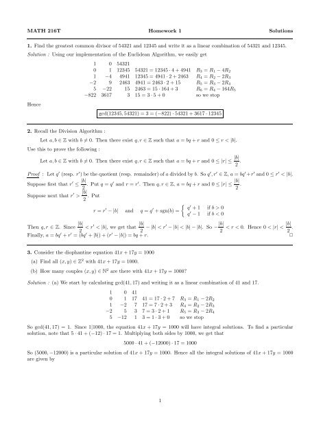MATH 216T Homework 1 Solutions 1. Find the greatest common ...
