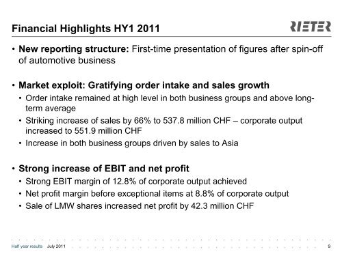 2011 Half Year Results - Rieter