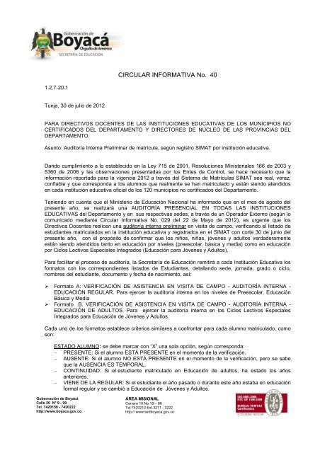 CIRCULAR INFORMATIVA No. 40 - Secretaria de Educación de ...