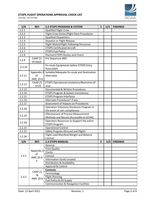 GTF-ETP-002 ETOPS Flight Operations Approval Checklist Rev. 1